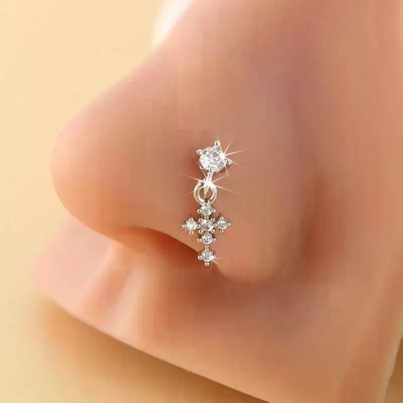 Body Jewelry Tunnels - Hängende Nasenringe für Frauen, Kreuz-Zirkon-Nasenpiercing-Schmuck, L-förmige